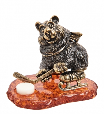 Фигурка «Медведь хоккеист» латунь, янтарь IX873M