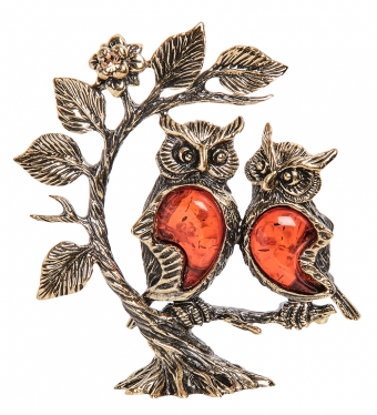 Фигурка «Совушки подружки на дереве» латунь, янтарь Z1PH9N