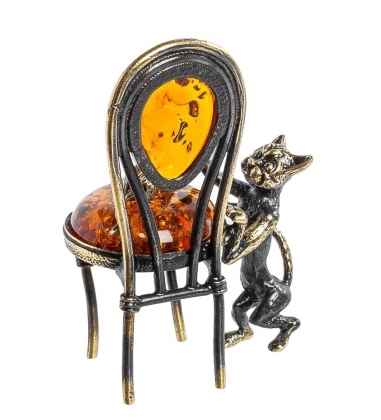 Фигурка «Кот и мышка на стуле» латунь, янтарь WBRSHU