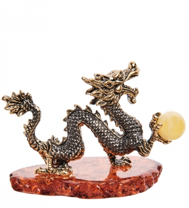 Фигурка «Дракон Китай с шаром» латунь, янтарь IE2QPG