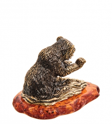 Фигурка «Медведь на рыбалке» латунь, янтарь C8P576