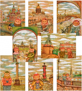 Набор из 8 почтовых открыток «Котики Санкт-Петербурга» А.Зубехина KCWNJP