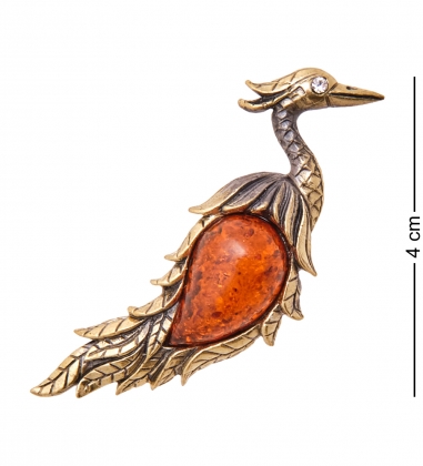 Брошь «Цапля Восточная» латунь, янтарь LL0FTZ
